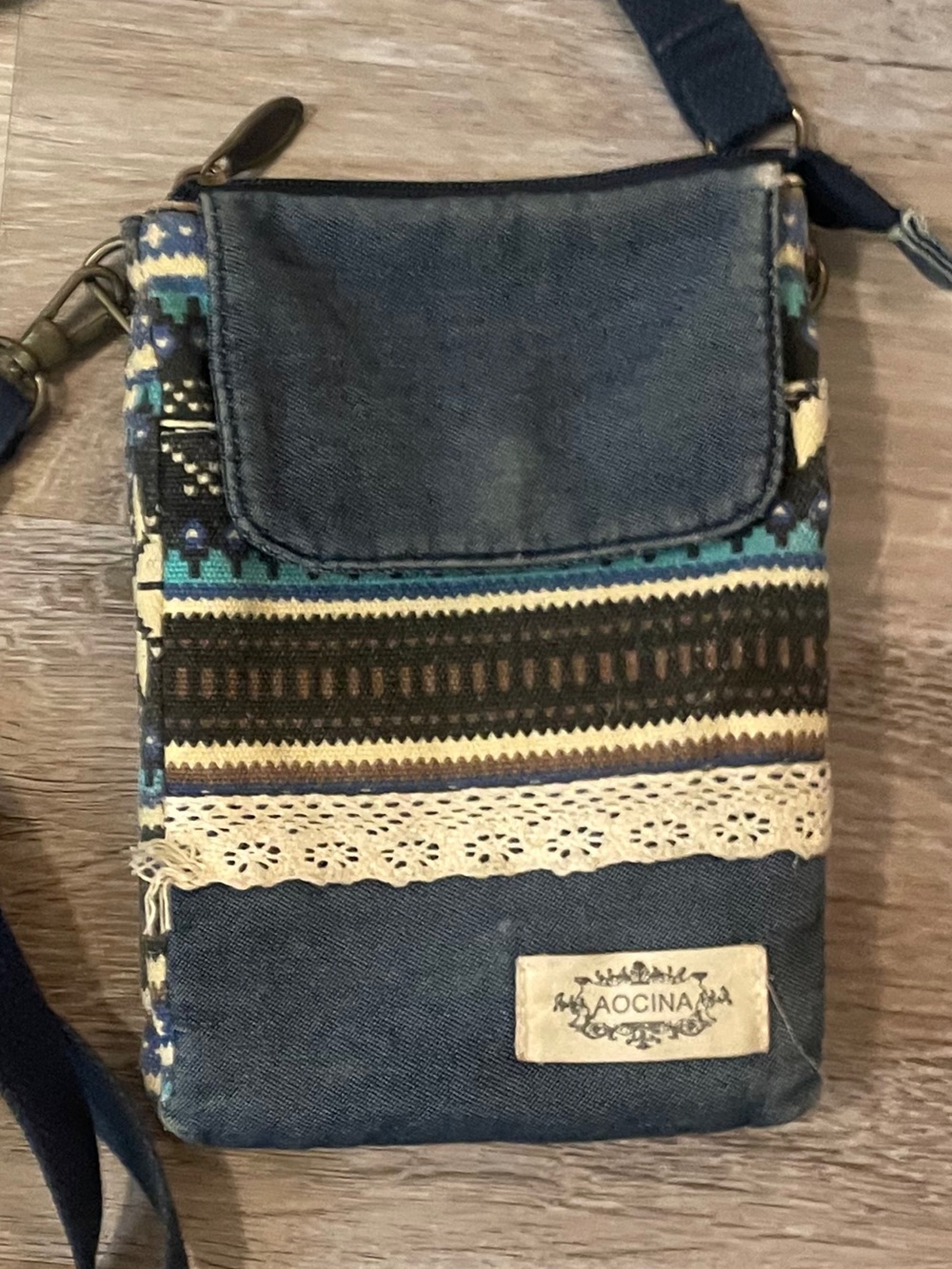 AOCINA  distressed denim crossbody bag with boho fabrics and lace - hippie